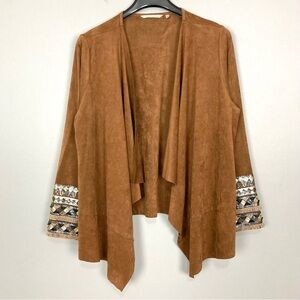 Soft Surroundings Faux Suede Cardigan Women’s Size L Boho Sequin Cuffs Fringe